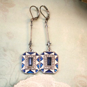 Blue White Art Deco Earrings: Silver Flapper Style