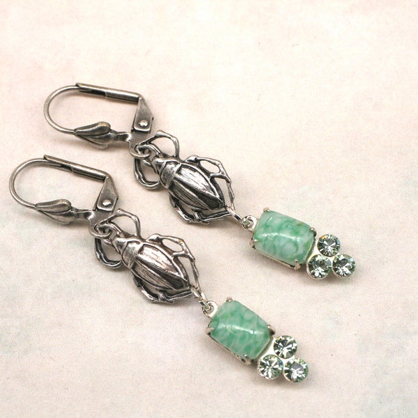 Silver Scarab Earrings- Green Jade Earrings- Chrysolite Earrings- Scarab Jewelry- Egyptian Earrings- Egyptian Revival Earrings