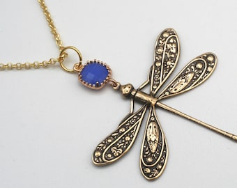 Antiqued Brass Dragonfly Necklace With Blue Bail- Nature Inspired- Cottagecore-Art Nouveau