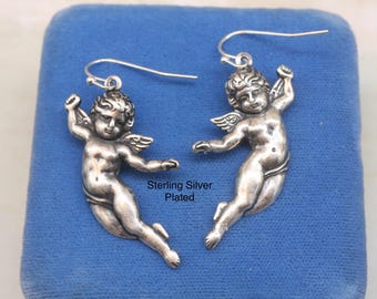 Sterling Silver Plated Angel Drop Earrings: Cupid Jewelry