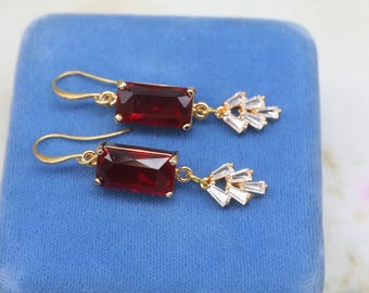 Red Art Deco Drop Earrings: Cubic Zirconia, Flapper Style