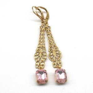 Pink Art Deco Earrings: Gold Filigree, Vintage 1920s Dangle