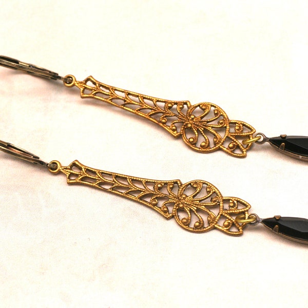 Black Art Deco Earrings- Long Drop Earrings- Flapper Earrings- Filigree Earrings- Great Gatsby- Victorian Earrings- Gold and Black Earrings