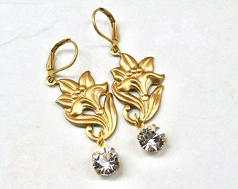 Gold Lily Flower Earrings- Crystal Earrings- Flower Drop Earrings- Bridal Earrings- Crystal Drop Earrings- Vintage Style- Great Gatsby