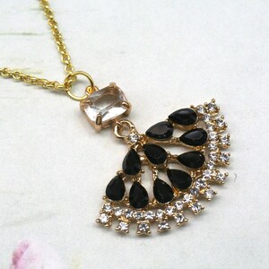 Art Deco Fan Necklace: Black & Clear Crystal, Gold Chain