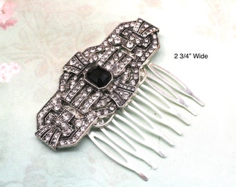 Black Art Deco Hair Comb- Silver Filigree Hair Comb- Crystal Hair Comb- Vintage Inspired Hair Comb