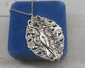 Alphonse Mucha Goddess Necklace: Silver Plated Art Nouveau Pendant