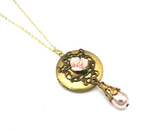 Victorian Brass Locket Necklace, Porcelain Rose Picture Locket, Victorian Jewelry, Victorian Necklace, Gift For Her