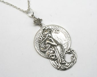 Art Nouveau Maiden Necklace: Silver Plated Alphonse Mucha Goddess Pendant