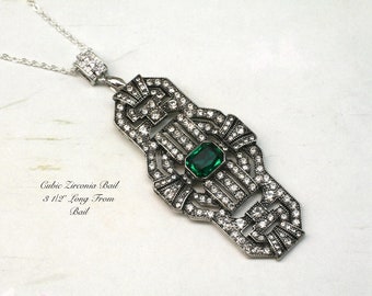 Emerald Green Art Deco Necklace- Vintage Inspired 1920’s Necklace- Great Gatsby- Downtown Abbey- Silver Necklace- Crystal Necklace