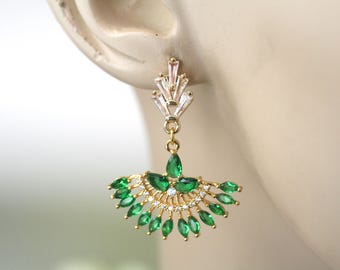 Emerald Green Fan Earrings: Gold Cubic Zirconia, 1920s Vintage Style