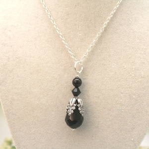 Black Crystal Teardrop Necklace: Silver Filigree, Gothic Victorian Style