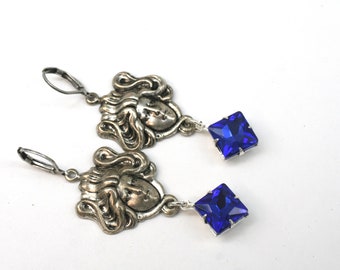 Alphonse Mucha Earrings- Art Nouveau Earrings- Goddess Earrings- Sapphire Blue Earrings- Silver Earrings- Long Drop Earrings- Lever Back