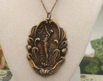 Art Nouveau Brass Goddess Necklace: Alphonse Mucha Nymph Pendant