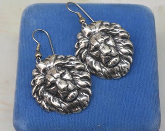 Silver Lion Head Drop Earrings – Animal Jewelry Gift