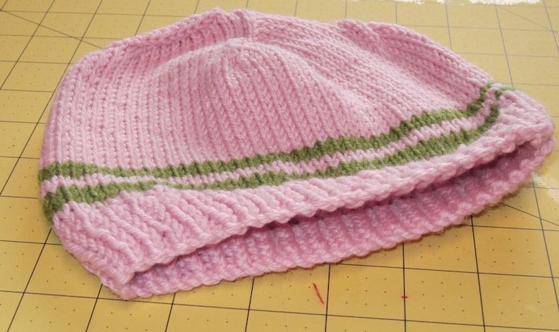 Hand Knit Pink /& Green Child/'s Beanie Hat