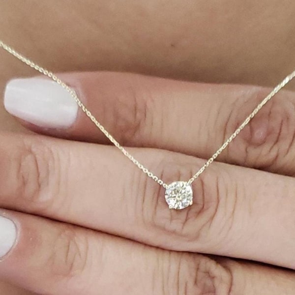 14Kt Gold Lab Grown Diamond Attached Solitaire Necklace, Bridesmaid, Beautiful White Diamonds, Tests as Diamond