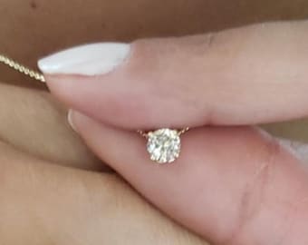 Lab Grown Diamond, 14K Gold Attached Diamond Solitaire Necklace, Beautiful White Diamonds