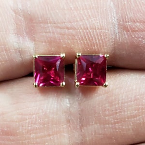 14Kt Gold Ruby Princess Cut Stud Earrings Dainty Gift, July Birthstone Earrings
