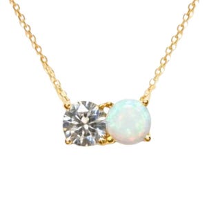 Opal & Diamond 2 Stone Necklace, 14K Gold 0.50 Ct Lab Grown Diamond Necklace