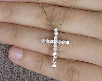 14Kt Gold 0.78 Ct Diamond Necklace, Diamond Cross Necklace, Lab Grown Diamond Pendant, Unisex