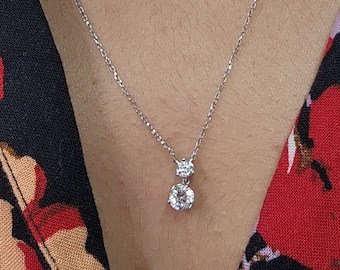 0.47 Ct Diamond Necklace, 14K Gold Lab Grown Diamond Solitaire Pendant Necklace, 2 Stone Diamond Necklace, 3 Prong Diamond Necklace