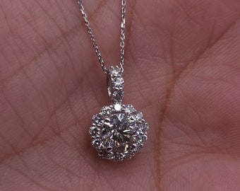 1.31 Ct Diamond Necklace, 14K Gold Diamond Solitaire Pendant, Lab Grown Diamond Halo Pendant