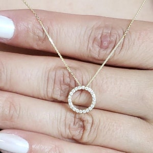 14K Gold Diamond Necklace, Cluster Diamond Necklace, Open Circle Diamond Pendant, Real Natural Diamond Necklace
