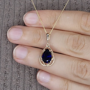 14Kt Gold Blue Sapphire Necklace, Blue Sapphire Pendant, Teardrop Necklace, September Birthstone Necklace