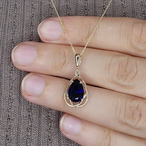 14Kt Gold Blauer Saphir Halskette, Blauer Saphir Anhänger, Teardrop Halskette, September Birthstone Halskette