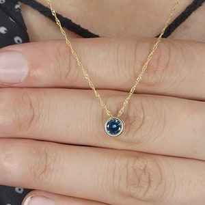 14Kt Gold London Blue Topaz Round Bezel Dainty Pendant Necklace