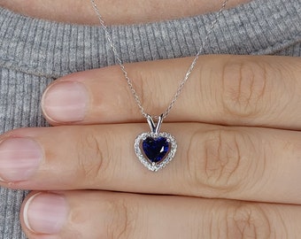 14Kt Gold Blue Sapphire Necklace, Sapphire Diamond Necklace, Sapphire Heart Pendant, September Birthstone Necklace