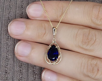 14Kt Gold Blue Sapphire Necklace, Blue Sapphire Pendant, Teardrop Necklace, September Birthstone Necklace