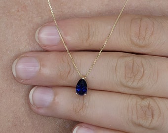 14Kt Gold Blue Sapphire Teardrop Necklace, Sapphire Pendant, September Birthstone Necklace, Sapphire Gold Necklace