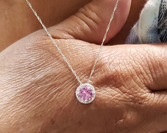 14Kt Gold Pink Sapphire Necklace, Sapphire Diamond Necklace, Sapphire Pendant, September Birthstone Necklace