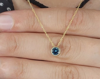 14Kt Gold London Blue Topaz Round Bezel Dainty Pendant Necklace