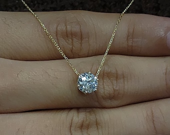 14K Gold 1 Ct Diamond Necklace, Lab Grown Diamond Pendant, 6 Prong Diamond Solitaire Necklace