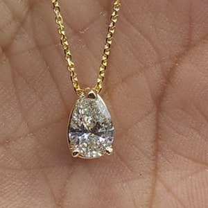 14K Gold 0.72 Ct Diamond Necklace, 14K Gold Lab Grown Diamond Solitaire Pendant, Teardrop Diamond Necklace