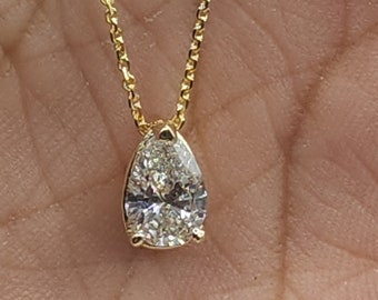 14K Gold 0.72 Ct Diamond Necklace, 14K Gold Lab Grown Diamond Solitaire Pendant, Teardrop Diamond Necklace
