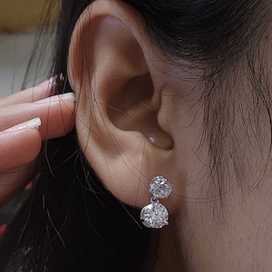Pendientes de diamantes de 3 quilates, pendientes de diamantes cultivados en laboratorio en oro de 14 quilates, pendientes de diamantes de 2 piedras, pendientes colgantes de diamantes de 3 puntas