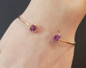 Pulseira de alexandrita de ouro 14K, pulseira de coração, pulseira com bisel, pulseira com pedra de nascimento de junho, pulseira aberta, pulseira flexível, presente para ela
