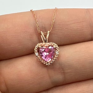 14K Gold Pink Sapphire Necklace, Sapphire Diamond Necklace, Sapphire Heart Pendant, September Birthstone Necklace