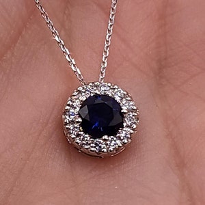 14Kt Gold Blue Sapphire Necklace, Sapphire Halo Necklace, September Birthstone Necklace