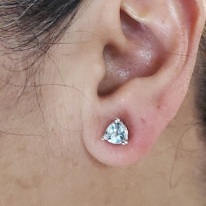 14K Gold Natural Aquamarine Earrings, Gold Earrings, Aquamarine Stud Earrings, Aquamarine Studs, Trillion Earrings, March Birthstone