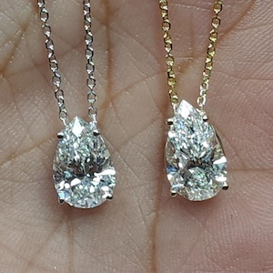 2 Ct Pear Shape Diamond Necklace, 14K Gold IGI Certified Lab Grown Diamond Solitaire Attached On Chain, Teardrop Pear Diamond Necklace