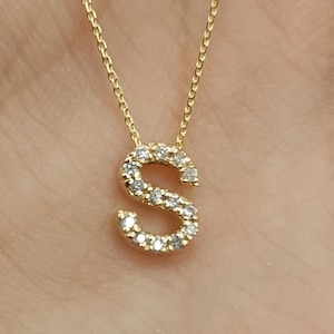 Colar inicial de diamante de ouro 14Kt, colar de letras, colar de diamante de ouro, colar de diamante natural, lindo presente perfeito