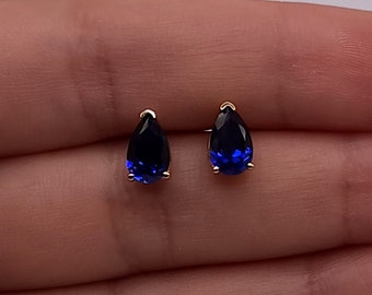 14K Gold Blue Sapphire Earrings, Sapphire Gold Earrings, Sapphire Teardrop Stud Earrings, September Birthstone Earrings
