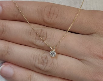 14K Gold Diamant Halskette, Diamant Solitär Halskette, zierliche Diamant Halskette, massives 14K Gold, echter natürlicher Diamant