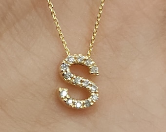 14Kt Gold Diamond Initial Necklace, Letter Necklace, Gold Diamond Necklace, Natural Diamond Necklace, Beautiful Necklace