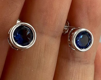 14Kt Gold Blue Sapphire Earrings, Sapphire Studs, Sapphire Bezel Earrings, September Birthstone Earrings